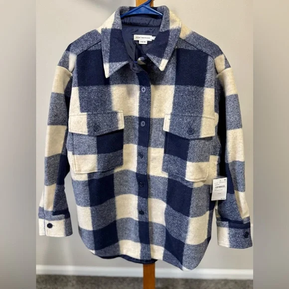 Good American Ink Blue and Cream Plaid Shacket Size XXS/XL Oversized NWT - Picture 1 of 6